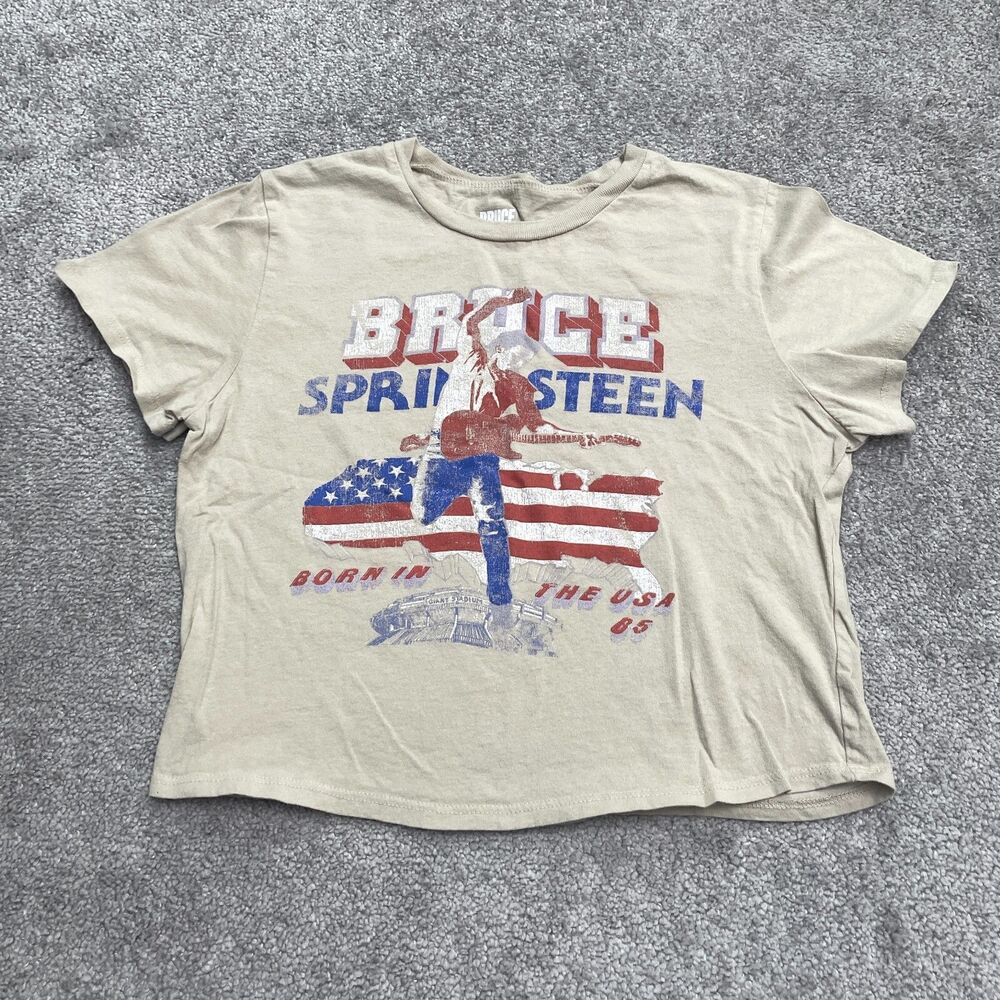 Bruce Springsteen Graphic Cropped T-Shirt Juniors Large Brown Crew Cotton Tee